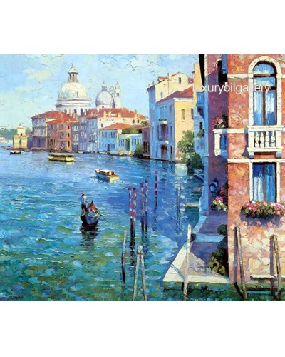 ציור שמן ים גונדולות ומבנים עם פרחים בחלונות